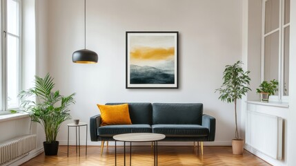 Modern Living Room with Artwork and Greenery in Cozy Atmosphere
