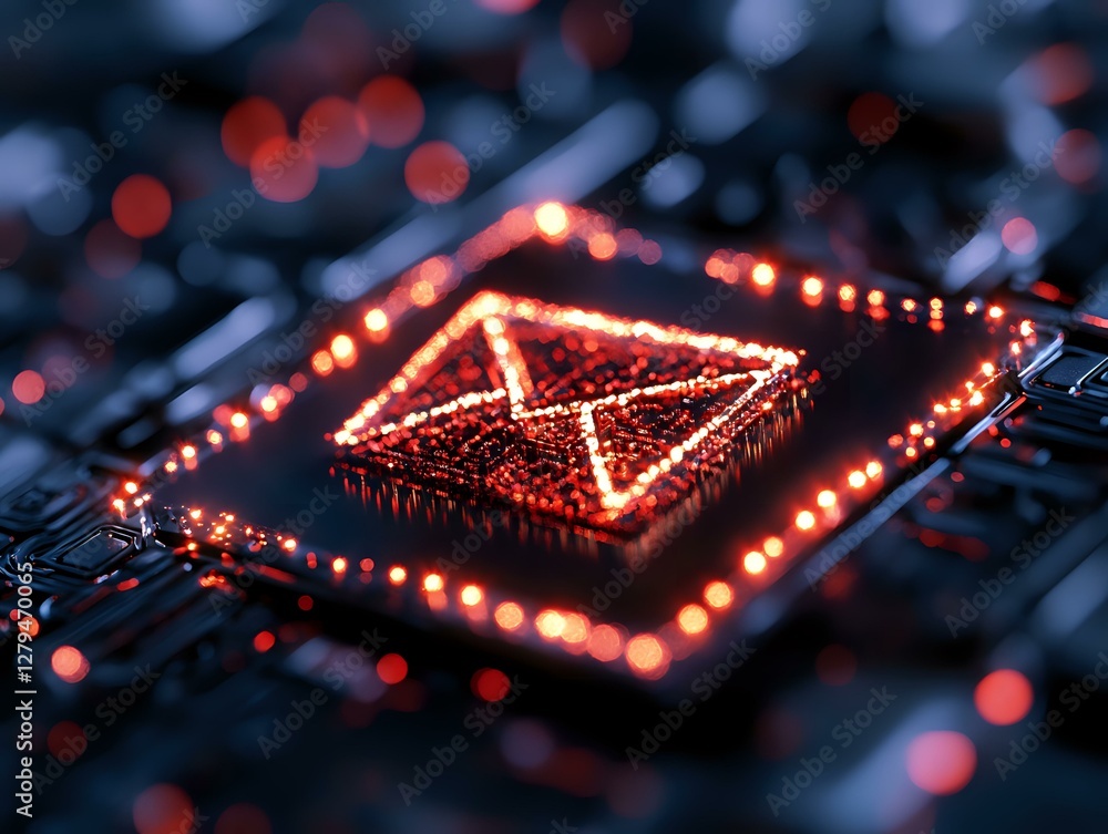 Poster Glowing red email envelope icon on computer circuit board with bokeh light effects, representing digital communication and technology advancement.