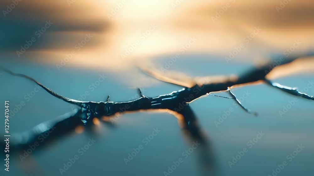 Poster dramatic macro shot of cracked surface with soft teal and golden sunset tones in background, creatin