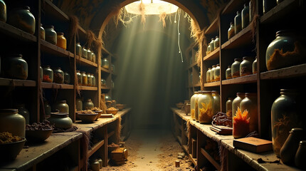 Obraz premium A Rustic Apothecary Filled with Jars and Candles, Bathed in Soft Light Streaming Through a Window