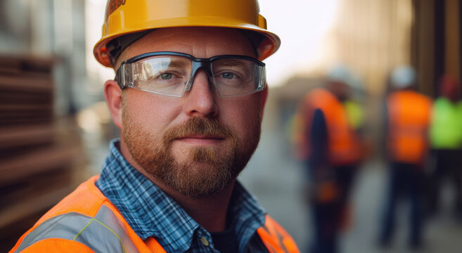 Electrician with a beard and glasses poses in safety gear at a busy construction site, showcasing dedication and professionalism in his work