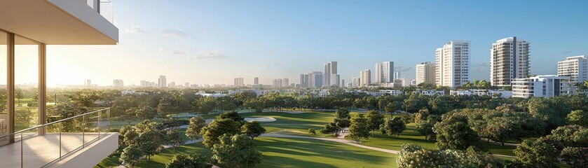 Obraz premium Scenic View of Urban Skyline Over Golf Course with Lush Green Landscape at Sunrise