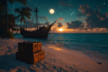 Fototapeta premium Treasure chests on beach with pirate ship at sunset and full moon
