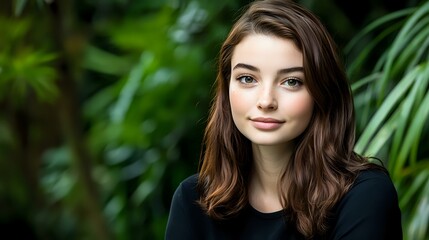 Naklejka premium Young Caucasian woman with brown hair and natural makeup smiling at camera, wearing black top against blurred green foliage background, professional headshot style portrait.