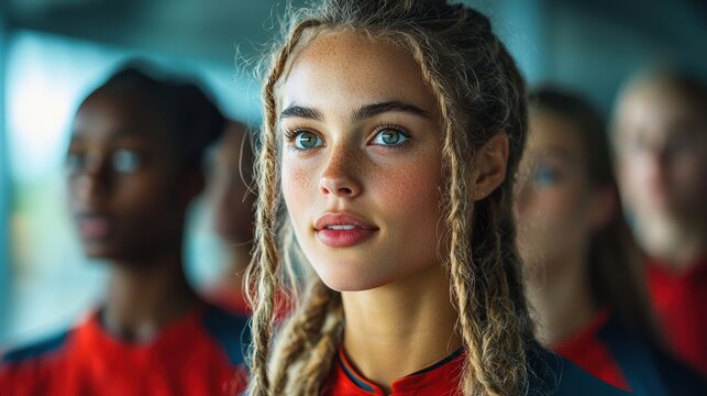 Young woman team leader, gazing, airport, diverse colleagues