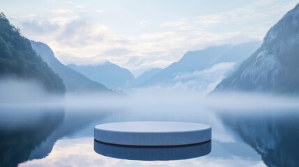 A serene product display setup with a circular stand placed on calm water, complemented by misty mountains in the background