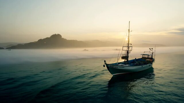 A fisherman pulls a lobster trap onto his boat at dawn as the camera zooms out, revealing a foggy seascape.
