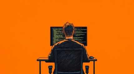 Person Working at Computer Against Orange Background