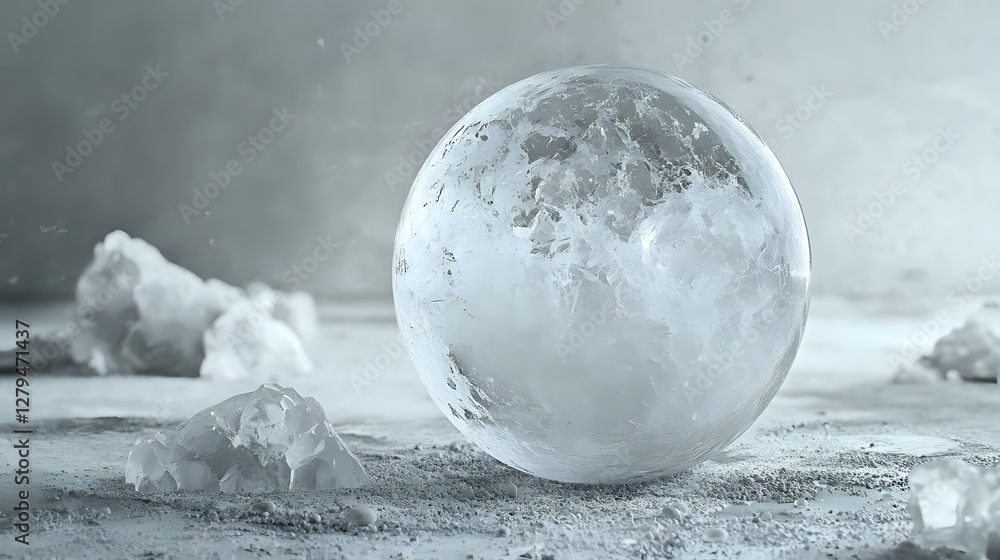 Poster frozen soap bubble with crystalline patterns on snowy surface in winter conditions, macro photograph