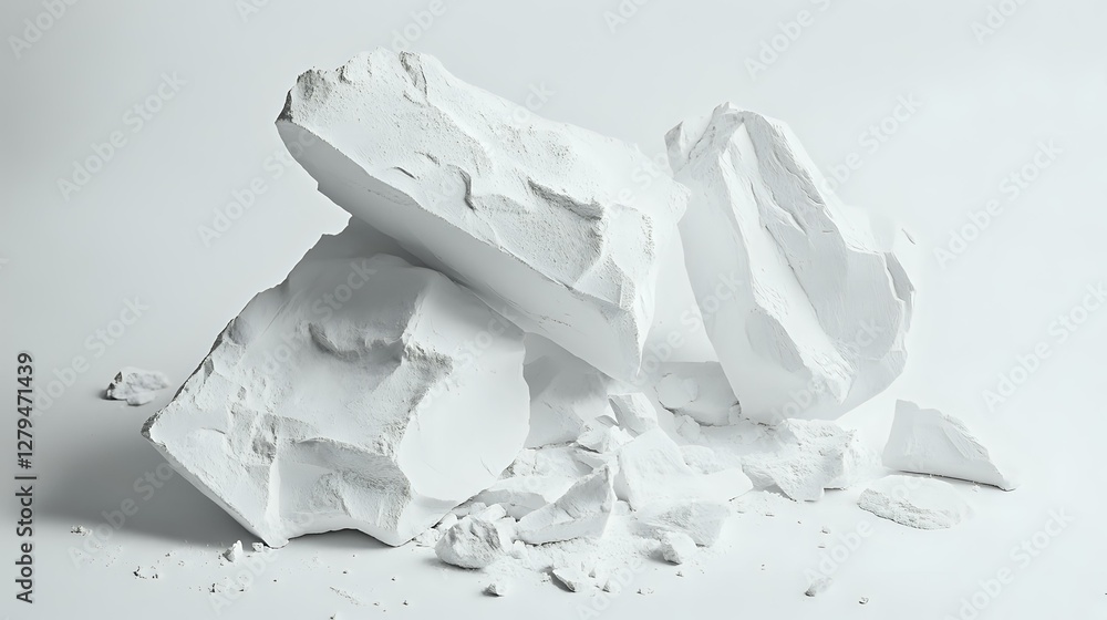 Poster crumpled white paper pieces scattered on white surface creating minimalist composition with soft sha