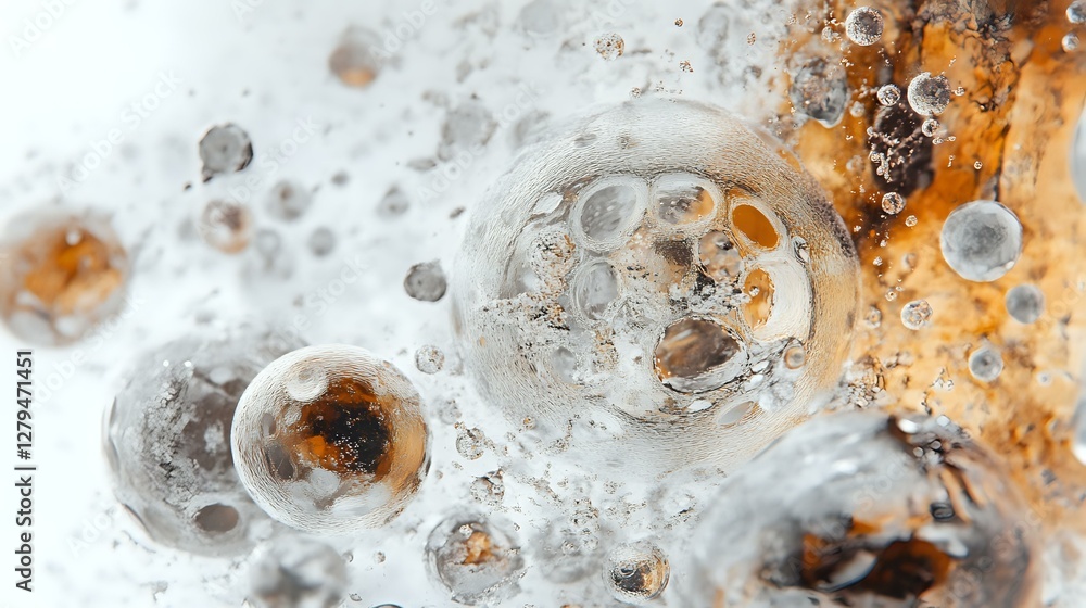Poster macro photography of soap bubbles in orange and gray tones creating abstract pattern with depth and 