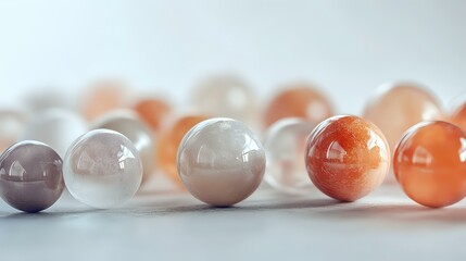 Colorful glass marbles arranged in line on white surface showing gradient from purple to orange, creating minimalist composition with soft reflections.