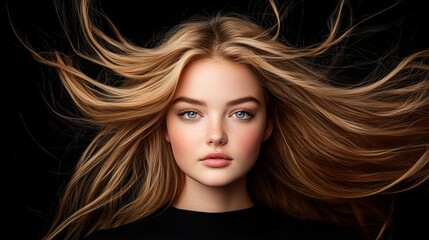 Obraz premium A young woman with long, flowing blonde hair against a dark background. Her beauty shines through in this captivating portrait.