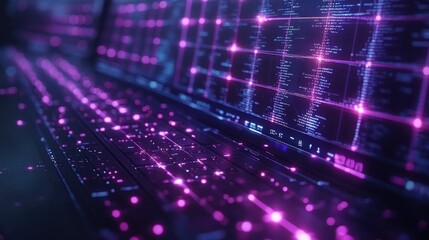 Futuristic Digital Landscape with Colorful Data and Keyboard Glows