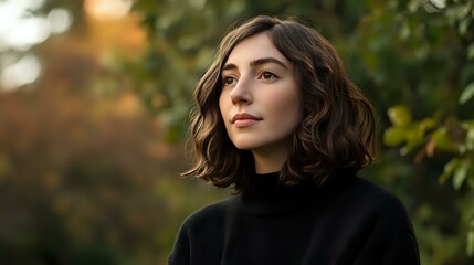 Naklejka premium Young Mediterranean woman with wavy brown bob haircut wearing black turtleneck sweater looking away thoughtfully against blurred autumn nature background.