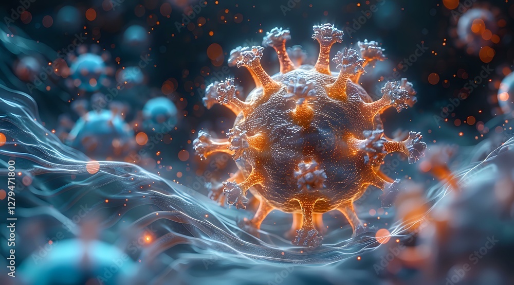 Poster microscopic view of virus cell with orange spikes floating in blue fluid environment against dark ba