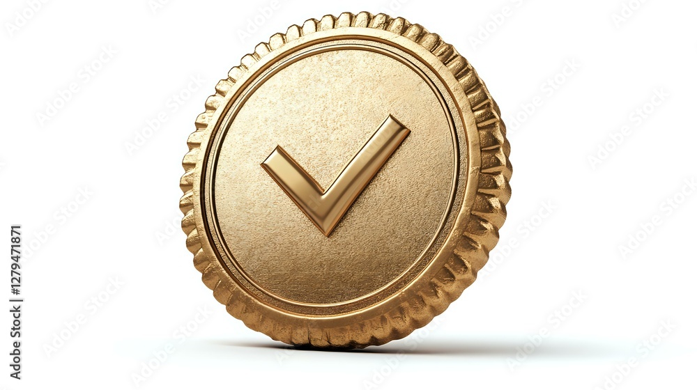 Poster golden metallic badge with checkmark symbol on round coin shape, featuring detailed ridged edges and