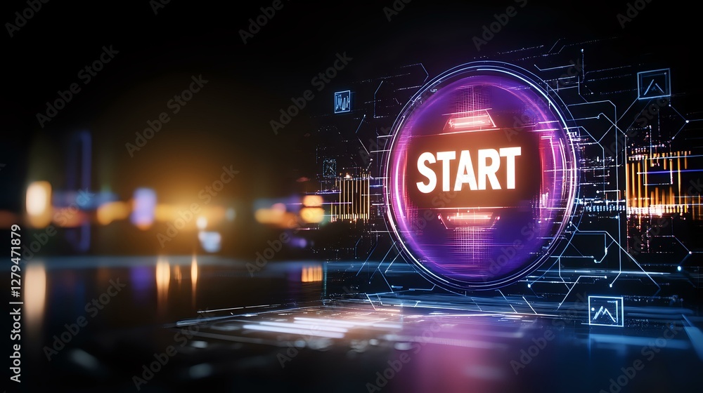 Poster glowing start button with futuristic circuit pattern and digital interface elements on dark backgrou