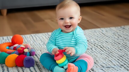 Obraz premium Happy Caucasian baby in turquoise striped outfit playing with colorful stacking toys on carpet, showing developmental milestones through engaging with educational toys.