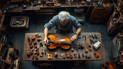 Luthier carefully restoring a vintage violin in workshop