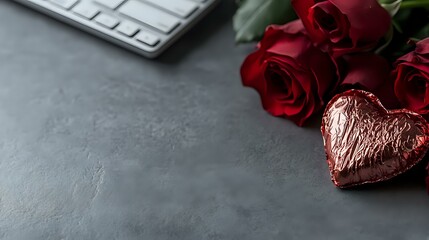 Red roses and heart-shaped chocolate on dark concrete surface with computer keyboard, romantic workplace setup for Valentine's day celebration or love message.