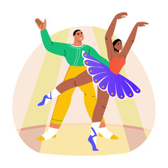 Couple dancers performing on stage, flat style illustration