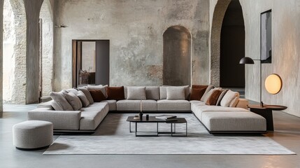 Modern minimalist living room with elegant curved sofa and decor