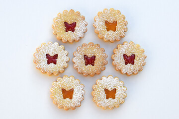 Linzer cookies filled with strawberry and apricot jam. Easter baking