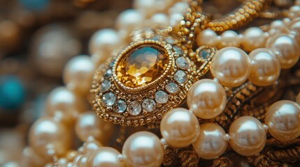 Golden jewel pendant on pearl necklaces, close-up display