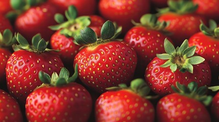 A single ripe strawberry with a bright red hue, tiny yellow seeds dotting its surface