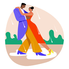 A flat style illustration of romantic couple doing rain dance