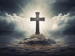 Symbol of faith illuminated by divine light on a rocky formation under a cloudy sky