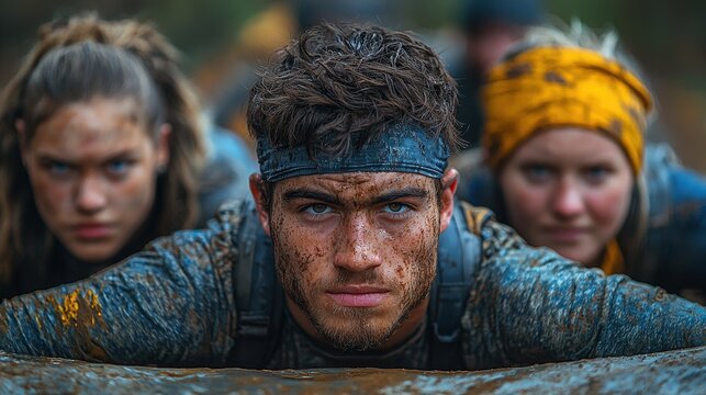 Muddy obstacle course race; determined team, forest background; fitness