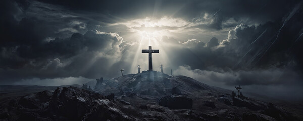 Dramatic landscape with cross shining under turbulent sky at sunset