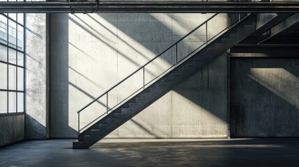 Obraz premium A sleek industrial staircase with a minimalist design, set against the rugged textures of a warehouse interior