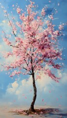 Fototapeta premium A flowering tree with pink blossoms against a blue sky background