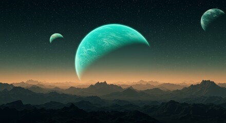 Teal Planet Rising Over Alien Mountains - A vibrant teal planet dominates the sky above a rugged alien landscape, with smaller celestial bodies adding depth. The scene evokes wonder, mystery