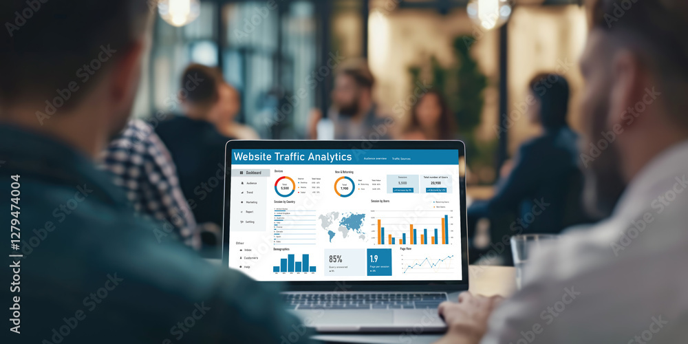 Poster computer software for website traffic analytics data on computer screen. concept of seo search engin