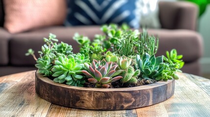 Vibrant Collection of Succulents in Wooden Planter on Coffee Table