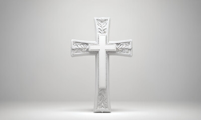 Naklejka premium White decorative cross standing on a neutral background, showcasing intricate designs and craftsmanship