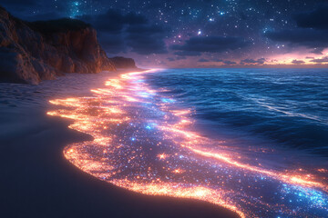 Fototapeta premium Romantic Twilight: A Mystical Beachside Fantasy with Glowing Stars and Serene Waters