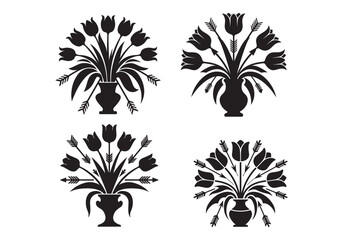 Elegant Floral Silhouette Vectors: Four Unique Vase Arrangements for Design and Decoration Projects