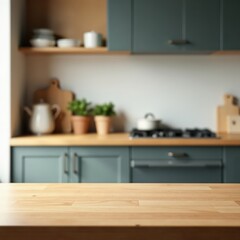Fototapeta premium Clean empty tabletop, blurred kitchen background , texture, grey