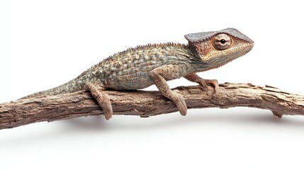 Naklejka premium Chameleon resting on a branch against white background