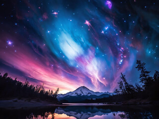 Fototapeta premium Majestic night sky displays vibrant colors above a serene mountain landscape at dusk