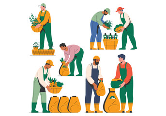 Vector Illustration of Farmers Harvesting Fresh Produce: Teamwork in Agriculture and Vegetable Collection
