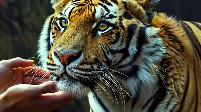 Hands petting a tiger. A zoo keeper or activist takes care of a tiger.