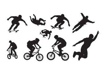 Dynamic Silhouettes of Extreme Sports: Skateboarding, BMX, and Parkour Vector Illustration for Action Sports