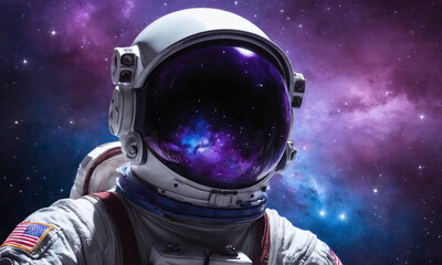 Astronaut in a spacesuit floating amidst a colorful cosmic backdrop filled with stars and galaxies