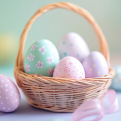 Pastel Easter Eggs in a Wicker Basket